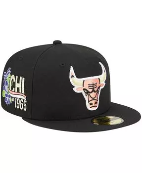 Мужская черная приталенная шляпа Chicago Bulls с цветочным принтом сбоку 59FIFTY New Era