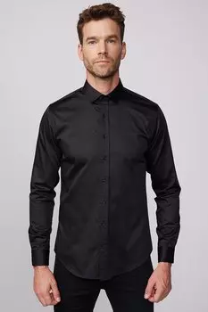 Мужская черная рубашка из хлопкового атласа приталенного кроя TUDORS