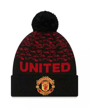 Мужская черная вязаная шапка Manchester United с манжетами и помпоном New Era
