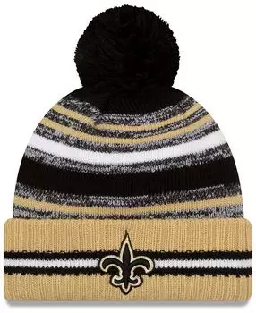 Мужская черная/золотая вязаная шапка New Orleans Saints 2021 Sideline Sport с манжетами и помпонами New Era