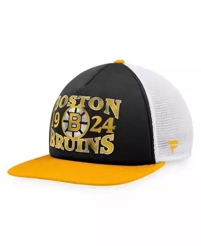 Мужская черно-золотая рваная кепка Boston Bruins Heritage в винтажном стиле из пеноматериала спереди Trucker Snapback Fanatics, черный
