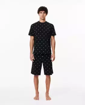 Мужская длинная вязаная пижама с крокодиловым принтом черного цвета Lacoste, черный