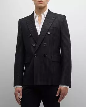 Мужская двубортная фланелевая спортивная куртка в тонкую полоску Saint Laurent, цвет Black-Blac