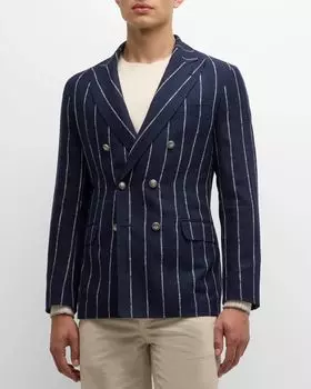 Мужская двубортная льняная спортивная куртка в полоску Brunello Cucinelli, цвет Navy/Panama