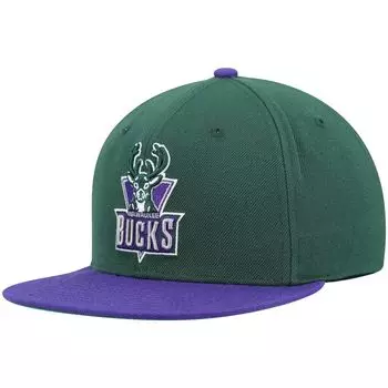 Мужская двухцветная кепка Snapback 2.0 Mitchell & Ness зеленого/фиолетового цвета Milwaukee Bucks Hardwood Classics Team