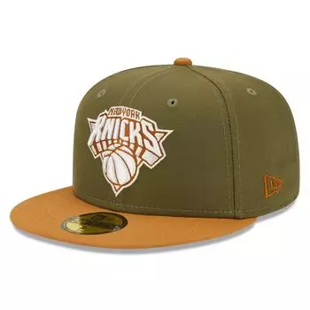 Мужская двухцветная приталенная кепка New Era оливково-оранжевого цвета New York Knicks 59FIFTY