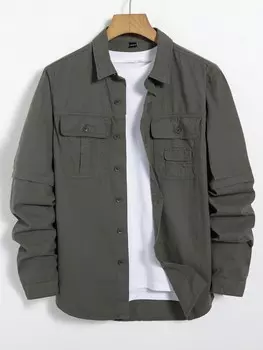 Мужская джинсовая рубашка Hypemode с карманами и клапанами без футболки, городская однотонная хлопковая джинсовая рубашка большого размера с длинными рукавами Manfinity, темно-зеленый