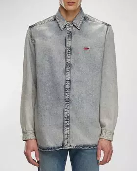 Мужская джинсовая рубашка на пуговицах с мраморным рисунком Diesel, цвет Blue Denim