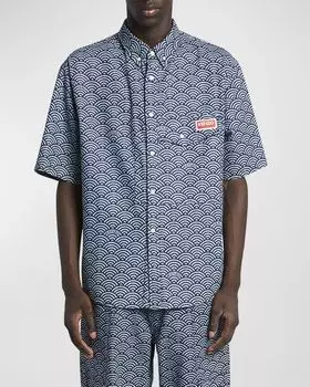 Мужская джинсовая рубашка Seigaiha с короткими рукавами и пуговицами спереди Kenzo, цвет Rinse Blue Denim