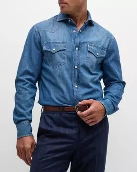 Мужская джинсовая рубашка в стиле вестерн Brunello Cucinelli, цвет Medium Wash Denim