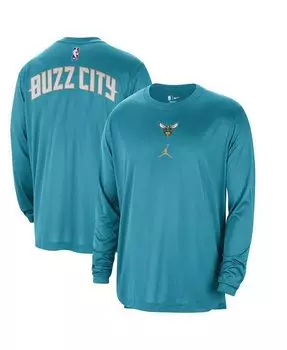 Мужская фирменная бирюзовая потертая футболка Charlotte Hornets 2023/24 City Edition, аутентичная футболка для стрельбы перед игрой с длинными рукавами Jordan, синий