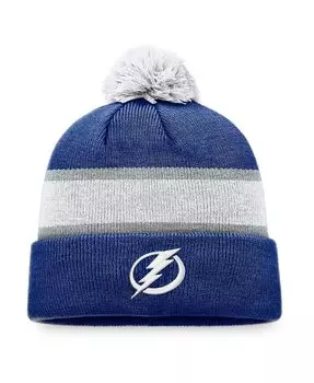 Мужская фирменная сине-белая вязаная шапка Tampa Bay Lightning с манжетами и помпоном Fanatics