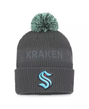 Мужская фирменная темно-серая вязаная шапка Seattle Kraken Authentic Pro Home Ice с манжетами и помпоном Fanatics