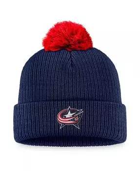 Мужская фирменная темно-синяя вязаная шапка Columbus Blue Jackets с манжетами и помпоном Fanatics