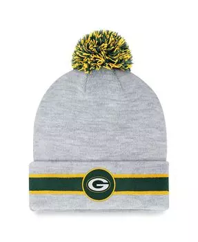 Мужская фирменная вязаная шапка с манжетами и помпоном Green Bay Packers Heather Grey Fanatics