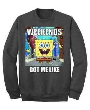Мужская флисовая толстовка с круглым вырезом spongebob weekends got me like AIRWAVES, черный