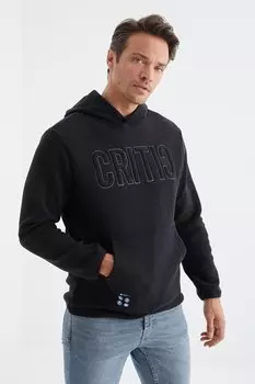 Мужская флисовая толстовка стандартного кроя с капюшоном и карманом-кенгуру темно-синего цвета с вышивкой TOMMYLIFE