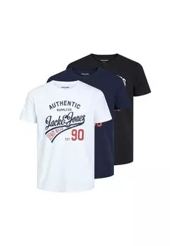 Мужская футболка, 3 шт. в упаковке - JJETHAN TEE CREW NECK, логотип, хлопок JACK & JONES, цвет Marineblau Schwarz