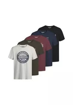 Мужская футболка, 5 шт - JJJEANS TEE 5PK, короткий рукав, круглый вырез, хлопок JACK & JONES, цвет Wei_/blau/gr_n/schwarz/rot