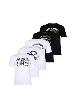 Мужская футболка, 5 шт. в упаковке - JJLEOGRA TEE CREW NECK, короткий рукав, круглый вырез, хлопок, принт с логотипом JACK & JONES, черный