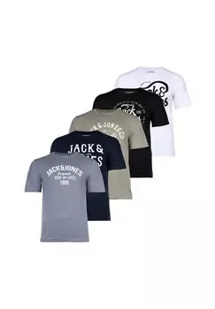 Мужская футболка, 5 шт. в упаковке - JJLEOGRA TEE CREW NECK, короткий рукав, круглый вырез, хлопок, принт с логотипом JACK & JONES, цвет Schwarz Blau