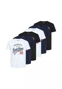 Мужская футболка, 6 шт. в упаковке - JJETHAN TEE CREW NECK, принт с логотипом, хлопок JACK & JONES, цвет Marineblau Schwarz