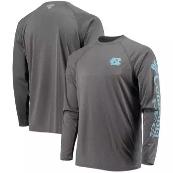 Мужская футболка Columbia Heathered Charcoal North Carolina Tar Heels PFG Terminal Tackle Raglan Omni-Shade с длинным рукавом
