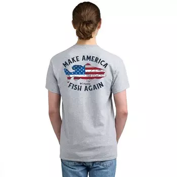 Мужская футболка Columbia PFG Performance Fishing Gear с короткими рукавами и графическим рисунком, цвет Gray Fish Again