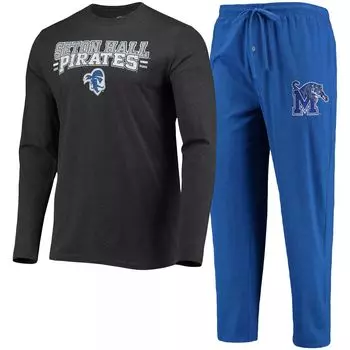 Мужская футболка Concepts Sport Blue/Heared Charcoal Seton Hall Pirates Meter с длинными рукавами и брюки, комплект для сна