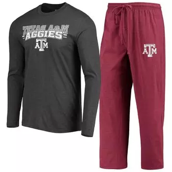 Мужская футболка Concepts Sport Maroon/Heared Charcoal Texas A&M Aggies Meter, футболка с длинными рукавами и брюки, комплект для сна