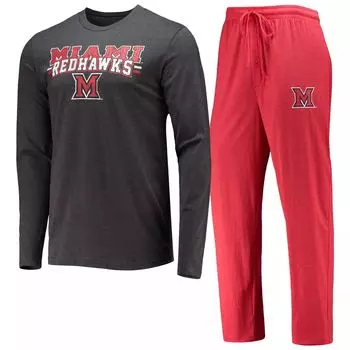 Мужская футболка Concepts Sport Red/Heared Charcoal Miami University RedHawks Meter с длинными рукавами и брюками, комплект для сна