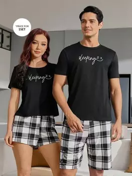 Мужская футболка Couped Up, состоящая из двух предметов, с короткими рукавами, шортами с буквами и клетчатым узором, пижамный комплект, подходит для лета Shein, мультиколор