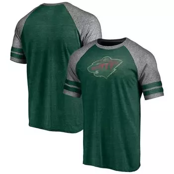 Мужская футболка Fanatics с логотипом Heather Green Minnesota Wild, двухполосная футболка реглан, трехцветная смесь