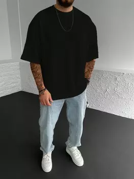 Мужская футболка Homme, однотонная, ребристая фактура, короткий рукав Manfinity, черный