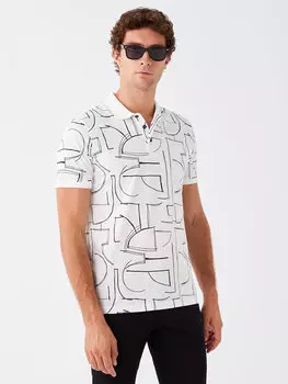 Мужская футболка из чесаного хлопка с короткими рукавами и воротником-поло с рисунком LCW Casual, от белого