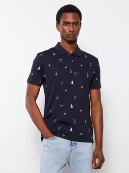 Мужская футболка из чесаного хлопка с короткими рукавами и воротником-поло с рисунком LCW Casual, темно-синий