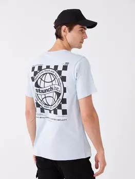 Мужская футболка из чесаного хлопка с круглым вырезом и коротким рукавом с принтом LCW Casual, светло-синий