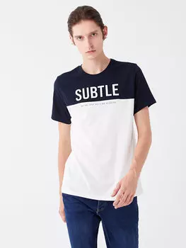 Мужская футболка из чесаного хлопка с круглым вырезом и короткими рукавами с цветными блоками LCW Casual, темно-синий