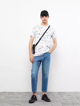 Мужская футболка из чесаного хлопка с круглым вырезом и коротким рукавом с принтом LCW Casual, буксе белый