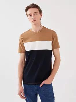 Мужская футболка из чесаного хлопка с круглым вырезом и короткими рукавами с цветными блоками LCW Casual, светло-коричневый