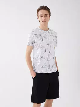 Мужская футболка из чесаного хлопка с круглым вырезом и короткими рукавами с рисунком LCW Casual, буксе белый