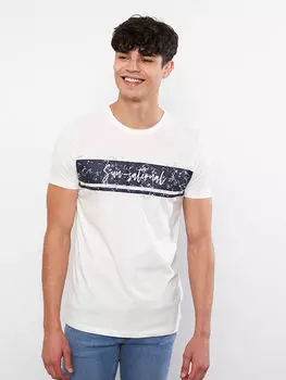 Мужская футболка из чесаного хлопка с круглым вырезом и коротким рукавом с принтом LCW Casual