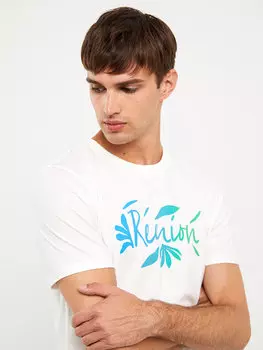 Мужская футболка из чесаного хлопка с круглым вырезом и коротким рукавом с принтом LCW Casual, экрю