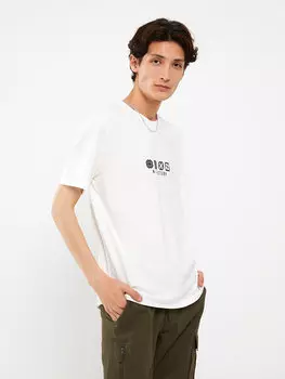 Мужская футболка из чесаного хлопка с круглым вырезом и коротким рукавом с принтом LCW Casual, экрю