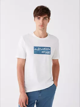 Мужская футболка из чесаного хлопка с круглым вырезом и коротким рукавом с принтом LCW Casual, экрю