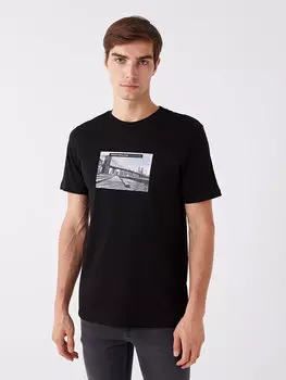 Мужская футболка из чесаного хлопка с круглым вырезом и коротким рукавом с принтом LCW Casual, новый черный