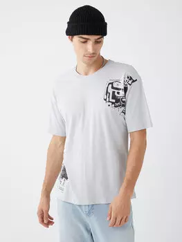 Мужская футболка из чесаного хлопка с круглым вырезом и коротким рукавом с принтом LCW Casual, светло-серый