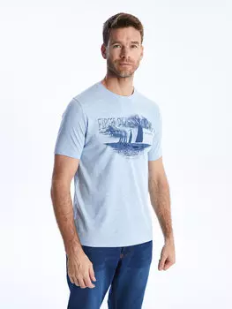 Мужская футболка из чесаного хлопка с круглым вырезом и коротким рукавом с принтом LCWAIKIKI Classic, голубой меланж