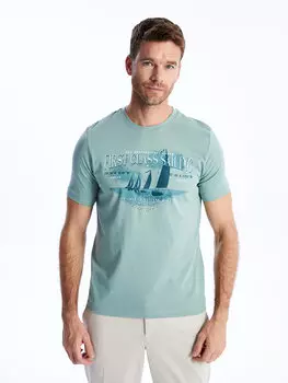 Мужская футболка из чесаного хлопка с круглым вырезом и коротким рукавом с принтом LCWAIKIKI Classic, сизый