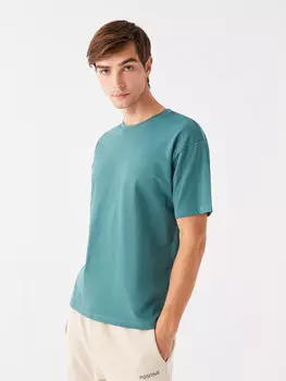 Мужская футболка из чесаного хлопка с круглым вырезом и короткими рукавами LCW Casual, средне-зеленый